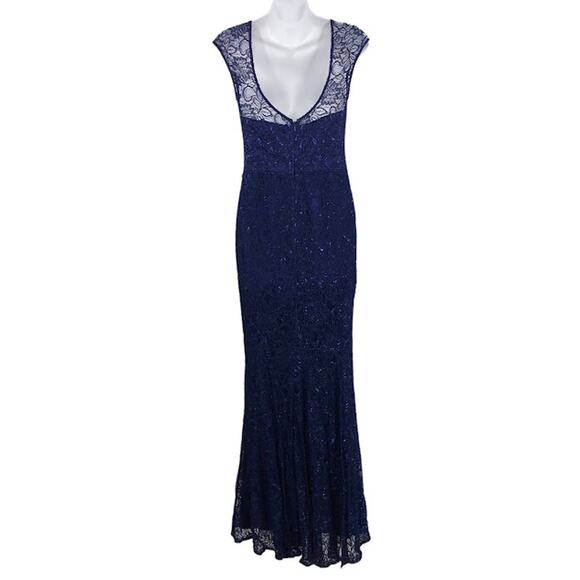 Theia Shimmering Element Gown 4 Metallic Floral Lace Cap Sleeve Crew Maxi Blue - Picture 2 of 8